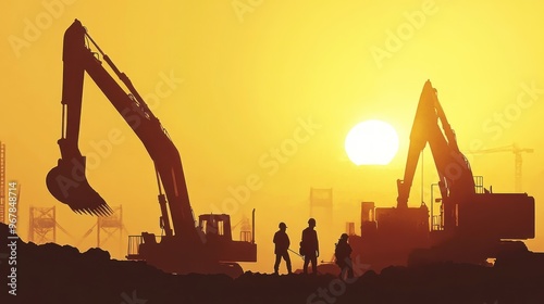 Silhouetted Construction Workers and Excavators at Sunset photo