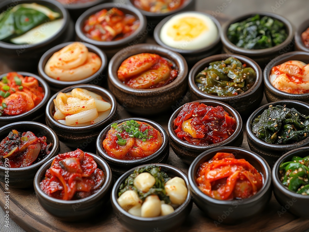 Assorted banchan in small ceramic dishes, Korean side dishes, culinary variety Assorted banchan in small ceramic dishes, Korean side dishes, culinary variety