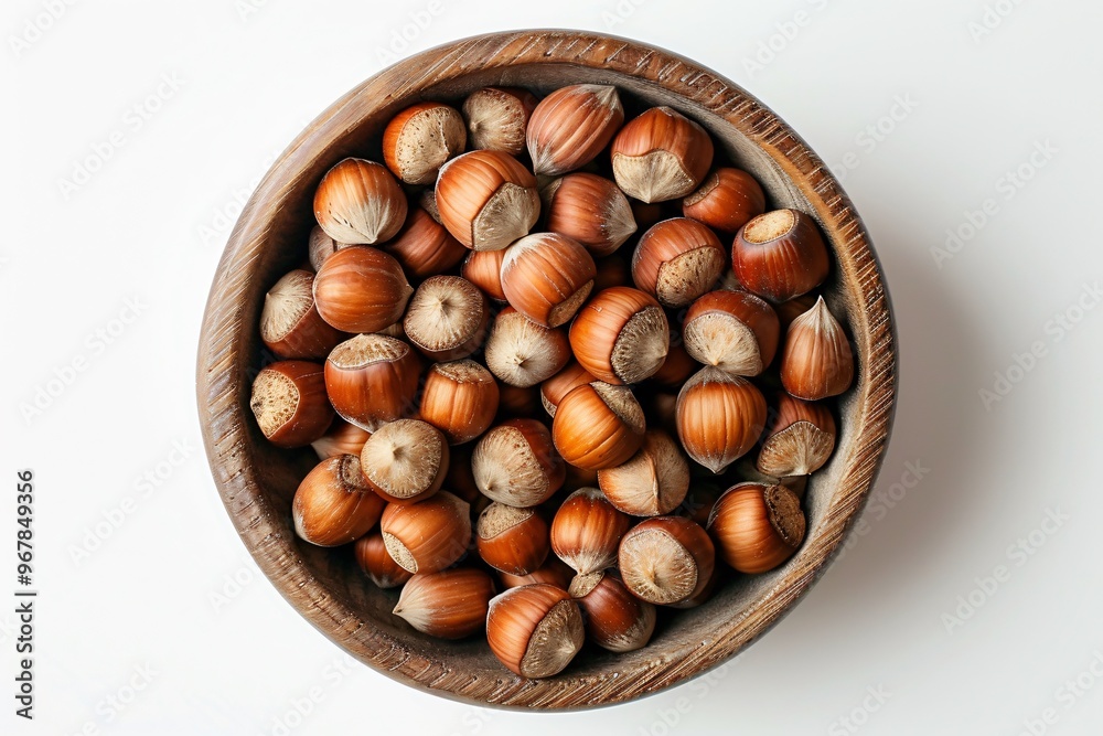 Assortment of Hazelnuts Arranged in Wooden Bowl on White Background Assortment of Hazelnuts Arranged in Wooden Bowl on White Background