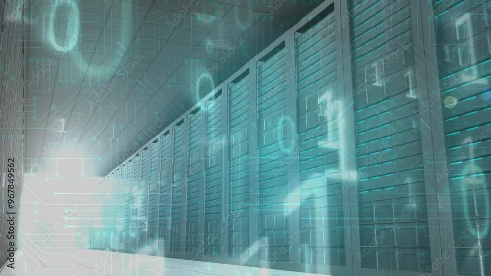 Animation of data processing with computer circuit board over server room Animation of data processing with computer circuit board over server room