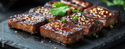 Elegant serving of galbi short ribs with garnish on a dark background, Korean BBQ, luxury dining photo