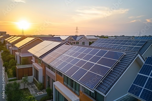 house with solar panels. Solar panels on the roof. modern houses. cottage village taking electricity from the sun. green energy