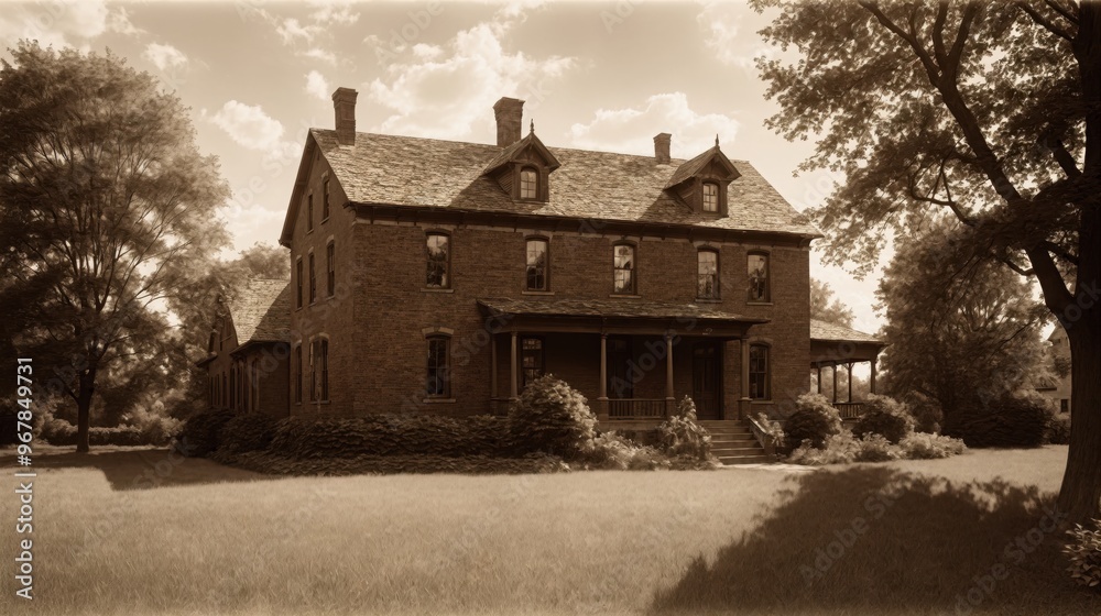 generative ai, Grand Country House with Rustic Charm in Sepia Tones generative ai, Grand Country House with Rustic Charm in Sepia Tones