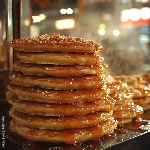 Goldenbrown hotteok pancakes oozing with syrup, Korean dessert, street food delicacy photo