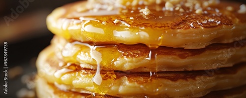 Goldenbrown hotteok pancakes oozing with syrup, Korean dessert, street food delicacy photo