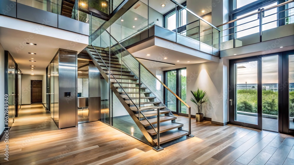 Modern staircase with sleek metal railing and adjacent glass-paneled elevator shaft, converging at a spacious, Modern staircase with sleek metal railing and adjacent glass-paneled elevator shaft, converging at a spacious,