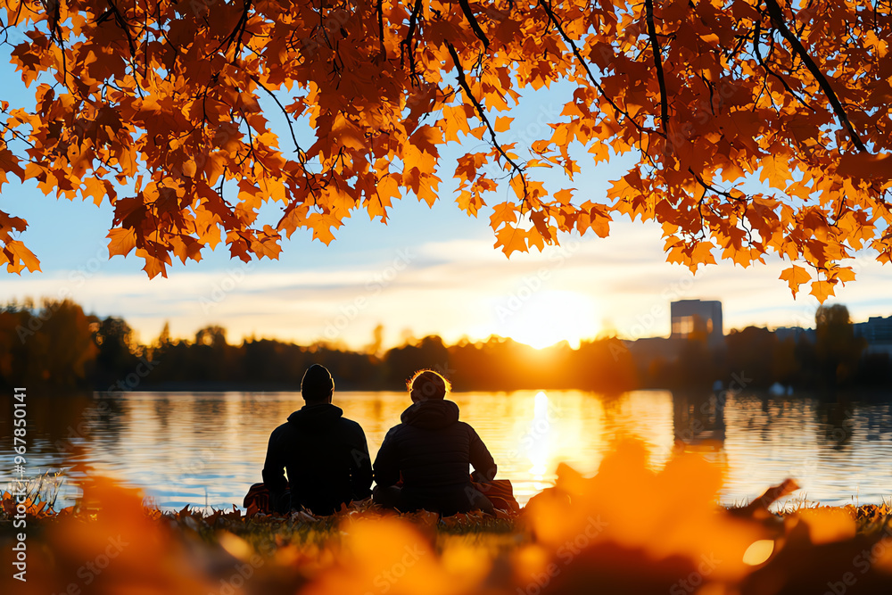 Couple enjoying a serene sunset by the water, framed by vibrant autumn leaves, creating a romantic and peaceful atmosphere. Couple enjoying a serene sunset by the water, framed by vibrant autumn leaves, creating a romantic and peaceful atmosphere.
