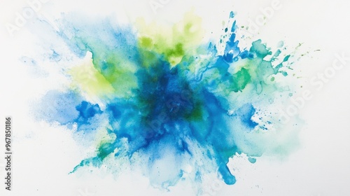 Photo of a vibrant, dynamic watercolor explosion, blending bright blues and greens 