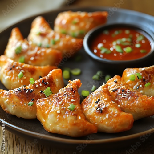 Korean fried dumplings mandu with a side of dipping sauce, Korean snacks, crispy delight photo