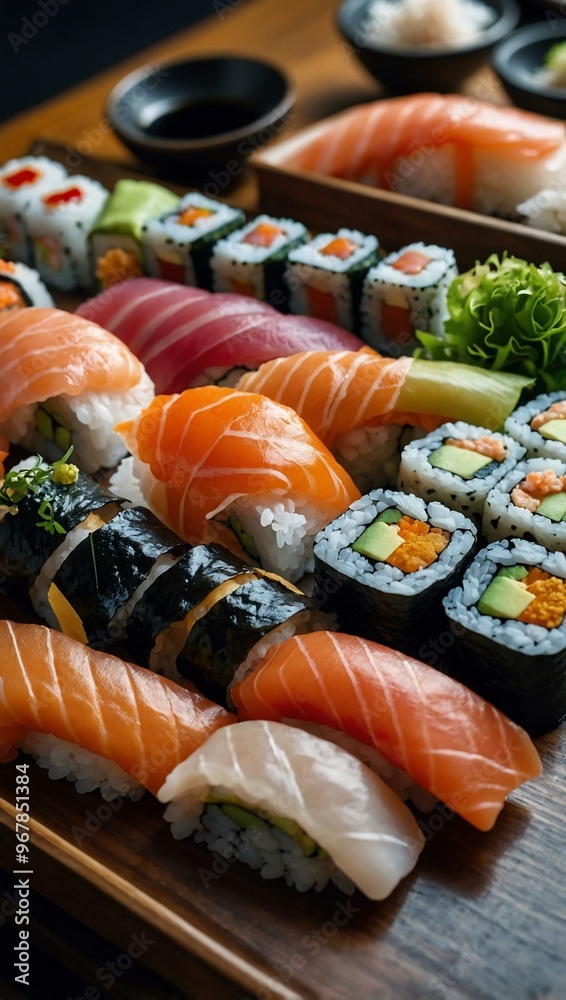 Assorted sushi on a large platter, featuring nigiri, maki, and sashimi varieties. Assorted sushi on a large platter, featuring nigiri, maki, and sashimi varieties.