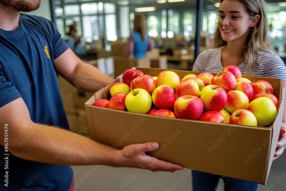 Office workers share red apples with each other. Generative AI Office workers share red apples with each other. Generative AI