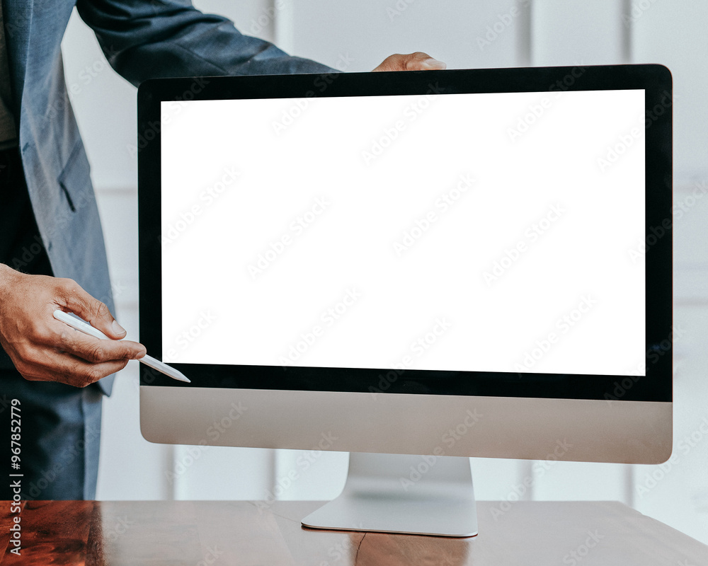 Businessman presenting a project on a computer desktop mockup transparent png Businessman presenting a project on a computer desktop mockup transparent png