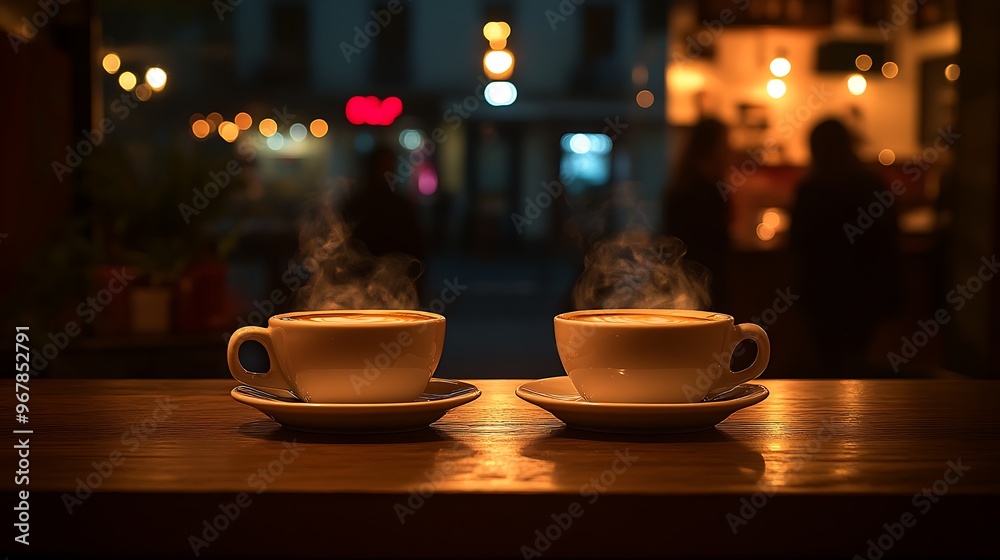 Late-night coffee shop with a dimly lit table, two cups of coffee steaming in the soft glow, figures in the background blurred in conversation, Late-night coffee shop with a dimly lit table, two cups of coffee steaming in the soft glow, figures in the background blurred in conversation,