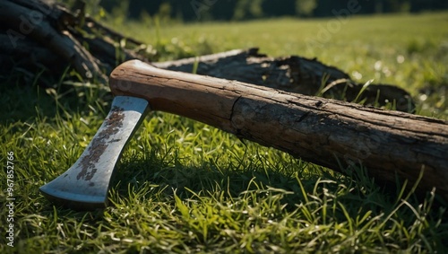 Axe embedded in a log on green grass, illustrating a natural setting.