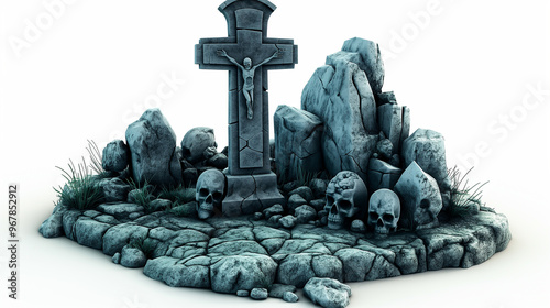 A haunting drawing of a graveyard for Halloween, showcasing a cross and multiple tombstones amidst eerie shadows.