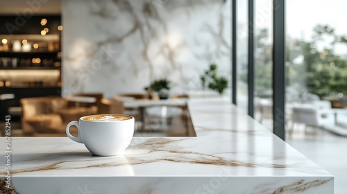 Modern minimalist coffee shop with clean lines, a single coffee cup on a marble counter, large windows casting soft light across the simple décor,