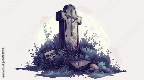 Halloween-themed painting of a graveyard with a cross, creating a spooky atmosphere.
