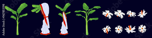 Durga Puja Flower Shiuli Flower, Banana tree, Durga Puja Kola Bou, Illustration of Durga Puja items featuring banana trees, draped cloth, and white jasmine flowers, Durga Puja Shiuli Flower