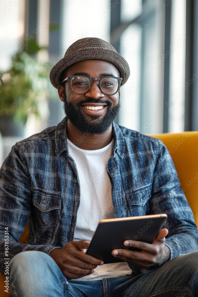 Young African American businessman cheerfully working on his tablet in a stylish, creative office setting.