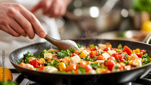 A vibrant dish is being prepared with fresh vegetables, showcasing a nutritious and colorful cooking process in the kitchen.