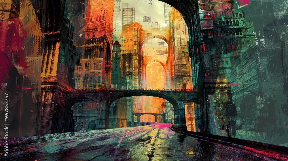 Abstract cityscape with vibrant colors, bridges and buildings. The city is shrouded in mystery, with a focus on a glowing archway leading into the distance. Abstract cityscape with vibrant colors, bridges and buildings. The city is shrouded in mystery, with a focus on a glowing archway leading into the distance.