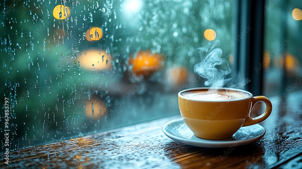 Obraz premium Rain pouring down outside, a steaming cup of coffee sits on a wooden table by a large window, soft reflections of raindrops in the glass, the warm glow of the café inside contrasting with the cold,