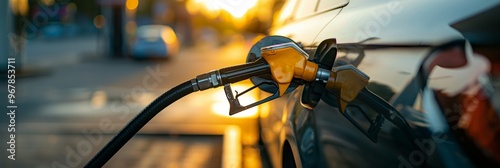 Refuel cars at the fuel pump. The driver hands, refuel and pump the car's gasoline with fuel at the petrol station. Car refueling at a gas station Gas station photo