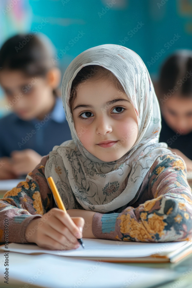 Young girl from the Middle East writing in her notebook during a lesson, with her classmates working quietly in the background. Young girl from the Middle East writing in her notebook during a lesson, with her classmates working quietly in the background.