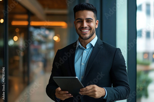 Young Hispanic businessman cheerfully engaging with his tablet in a stylish, dynamic office environment.
