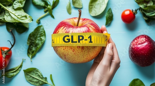 Apple with glp-1 tape measure, surrounded by vegetables, symbolizing weight loss and healthy eating. photo
