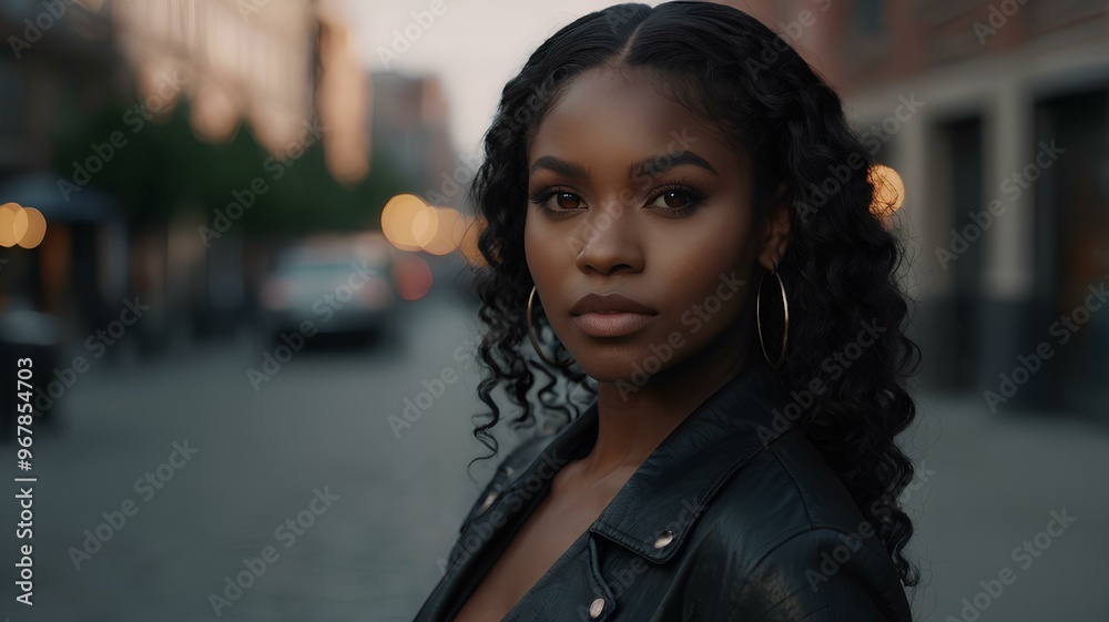 Fototapeta premium Black pretty woman with curly hair looking at camera on the street