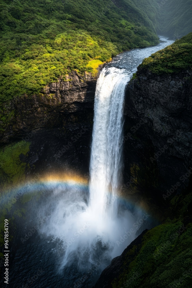 Fototapeta premium A majestic waterfall cascading down a cliff, surrounded by lush greenery and a rainbow forming in the mist