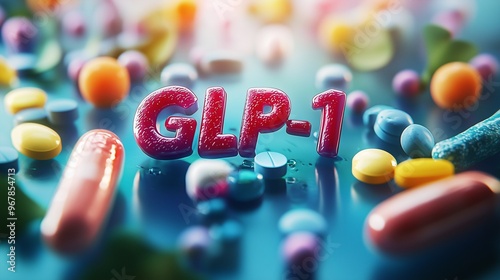 Colorful pills surrounding the term glp-1, symbolizing medication and treatment related to glp-1. photo