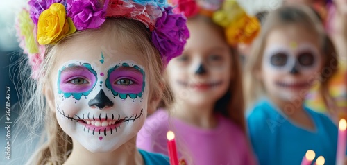 A parade of children with their faces painted like sugar skulls, holding candles and celebrating the Day of the Dead