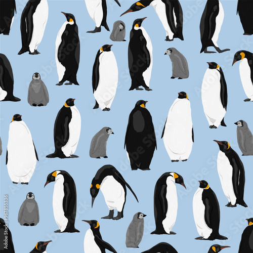 Seamless pattern with emperor penguins and their chicks. Emperor penguins Aptenodytes forsteri walk and stand. Realistic vector endemic animals of Antarctica