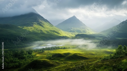 A serene landscape featuring lush green hills, mist, and mountains under a cloudy sky.