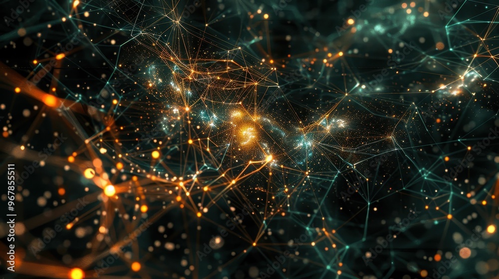 Abstract digital art with glowing lines and particles in dark space.