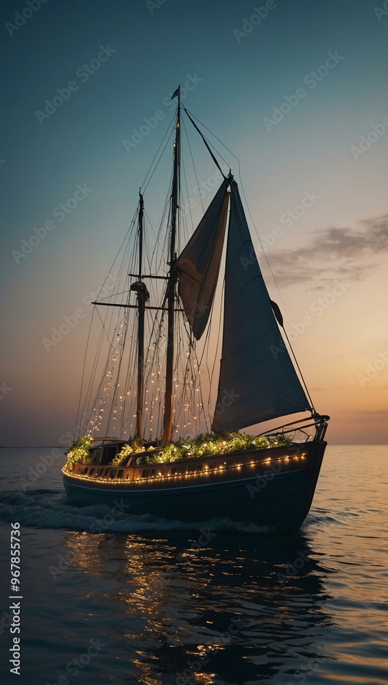 Boat decorated with lights and greenery sailing in a vector illustration. Boat decorated with lights and greenery sailing in a vector illustration.