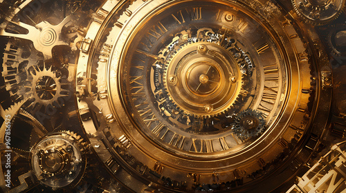 Old gold clock time. generate ai. Mechanical Clock. Illustration