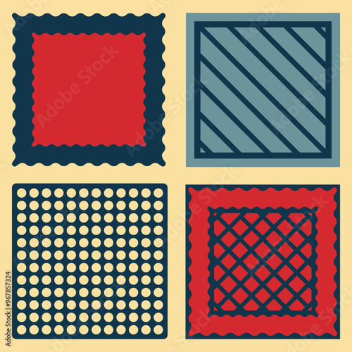 Four textured squares, backgrounds for creating design projects. Set 5 of vector decorative elements