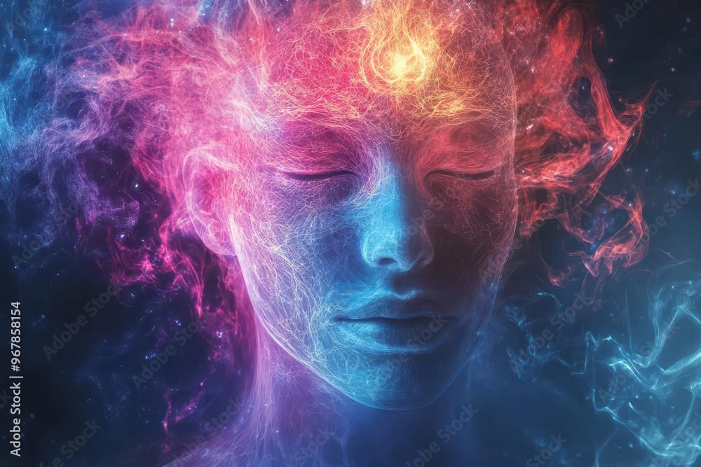 Vibrant chakra energy flow merging with abstract human brain, blending spirituality and intellectual power, chakra mind, meditative thought Vibrant chakra energy flow merging with abstract human brain, blending spirituality and intellectual power, chakra mind, meditative thought
