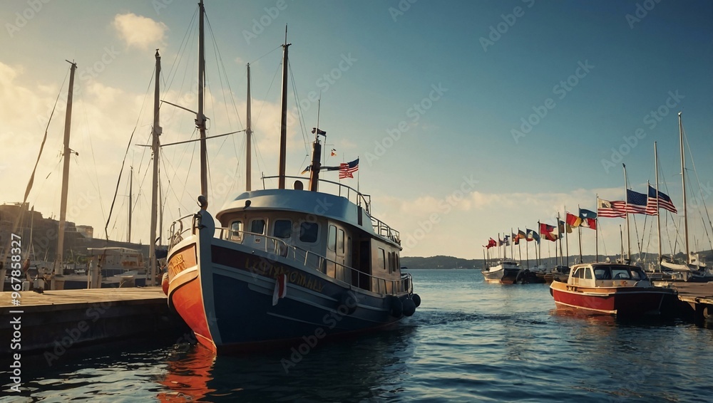 Cartoon boat with flags docked at the harbor, editable vector illustration. Cartoon boat with flags docked at the harbor, editable vector illustration.