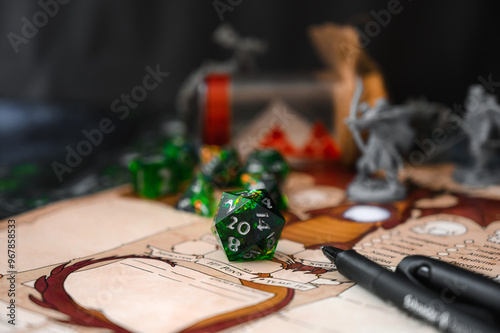 Focus on d20 die. Blurred background with monster miniatures for board games. Dice game, RPG