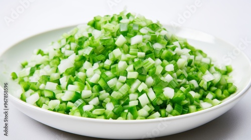 Freshly chopped green vegetables on a white plate ready for cooking or garnish preparation