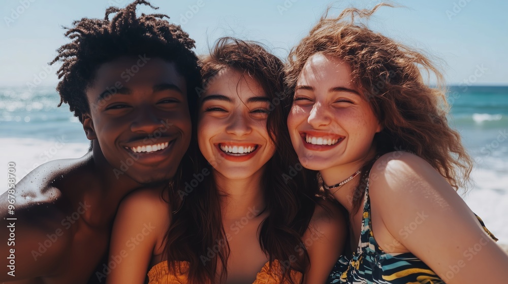 Fototapeta premium Friends enjoying a sunny day at the beach with smiles and laughter near the shoreline
