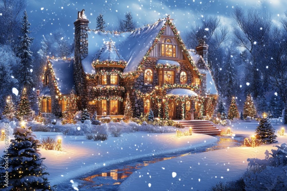 a stunning christmas lights display on a large house, with thousands of twinkling lights and festive decorations, surrounded by snow-covered trees and a frozen lawn illustration a stunning christmas lights display on a large house, with thousands of twinkling lights and festive decorations, surrounded by snow-covered trees and a frozen lawn illustration