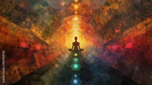 Abstract person meditating with chakras radiating light, thoughts flowing seamlessly in harmony, chakra thinking, spiritual thought