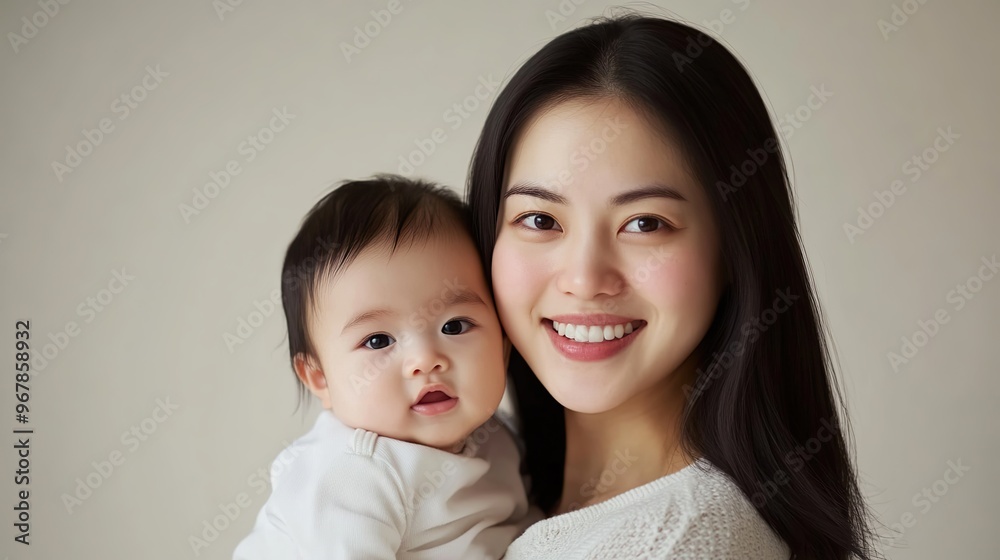 Beautiful young Asian mother holding her child while smiling at the camera Beautiful young Asian mother holding her child while smiling at the camera