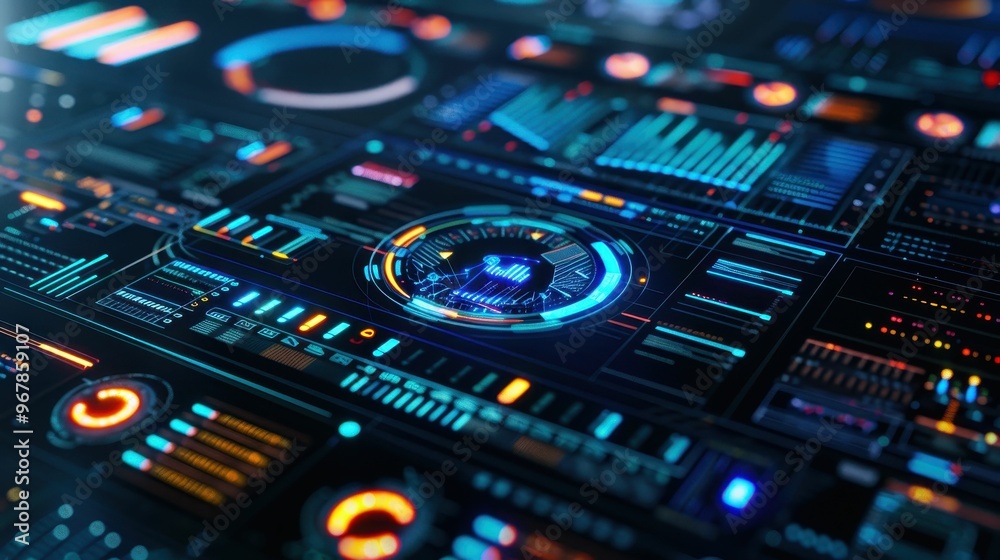 Abstract futuristic digital interface with glowing blue and orange lights, representing technology, data analysis and innovation. Abstract futuristic digital interface with glowing blue and orange lights, representing technology, data analysis and innovation.