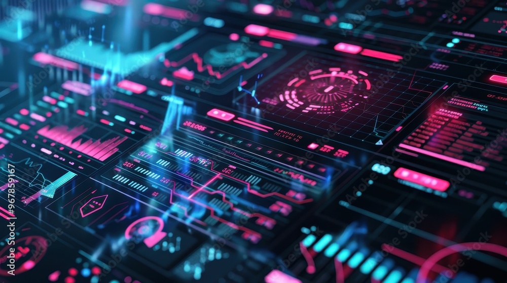 Abstract futuristic digital interface with glowing blue and pink lines and graphs. Perfect for technology, data, and innovation concepts. Abstract futuristic digital interface with glowing blue and pink lines and graphs. Perfect for technology, data, and innovation concepts.